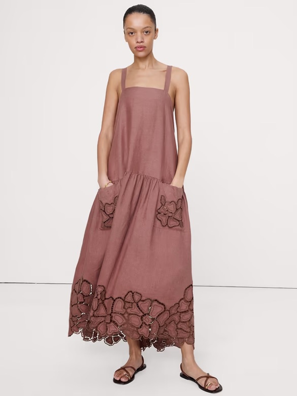 Banana Republic Linen Drob Waist Maxi Dress with Embroidered Hem